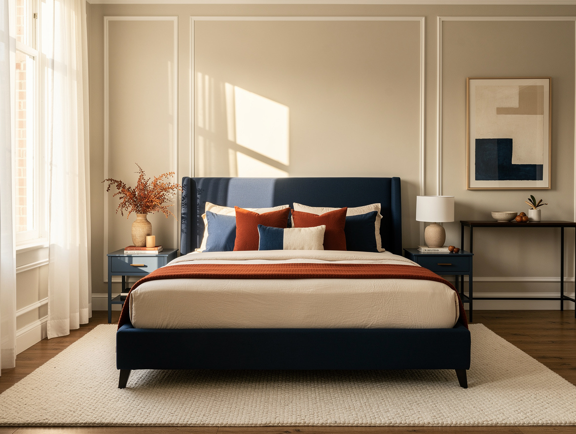 Atmospheric wide photo of a finished American bedroom with eggshell-painted wall