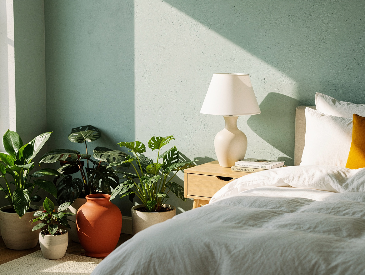 calm bedroom ambiance with pale blue-green walls, white bedding, light oak night