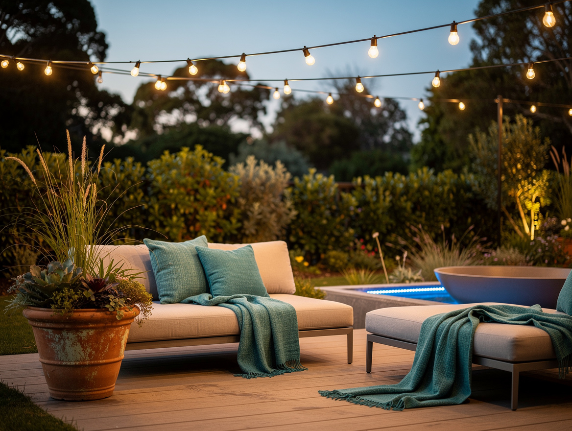 Wide ambient editorial backyard scene at dusk with warm string lights, terracott