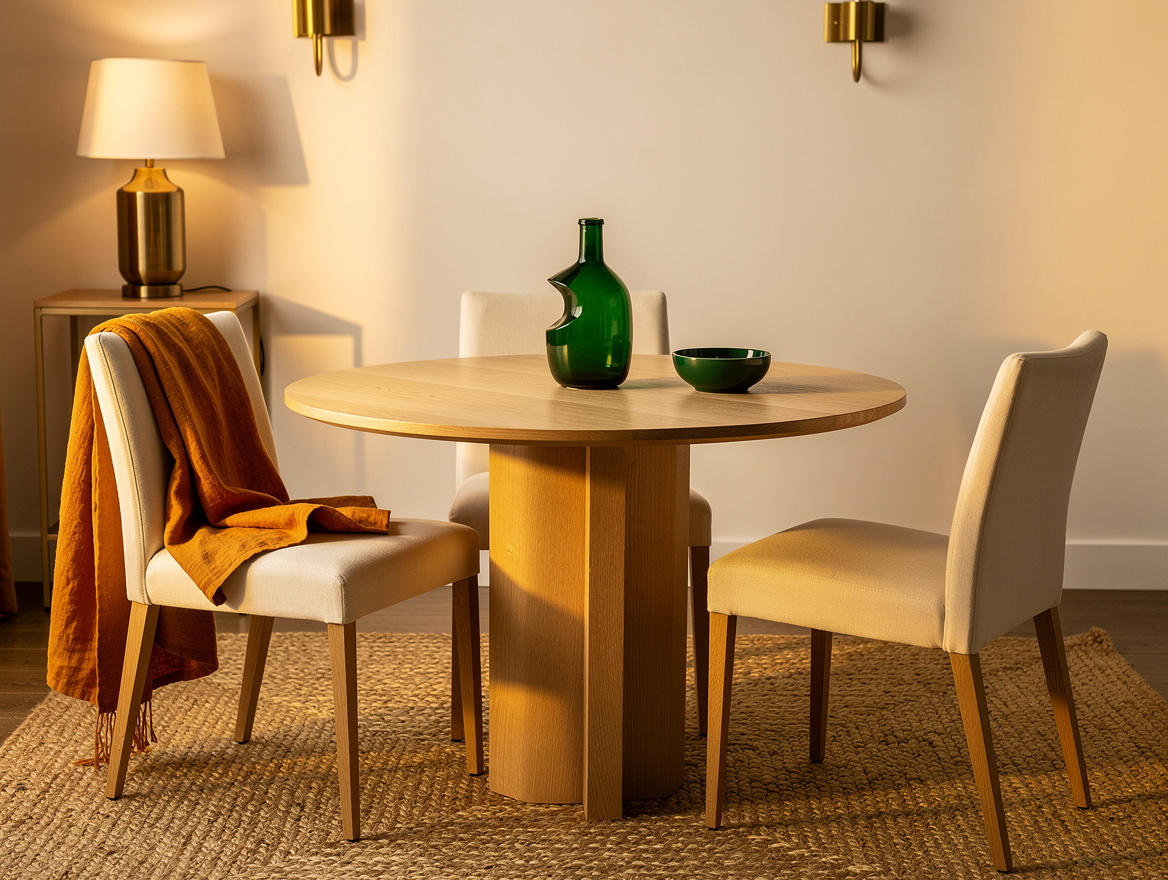 cozy dining corner with light oak pedestal table, cream upholstered chairs, off-