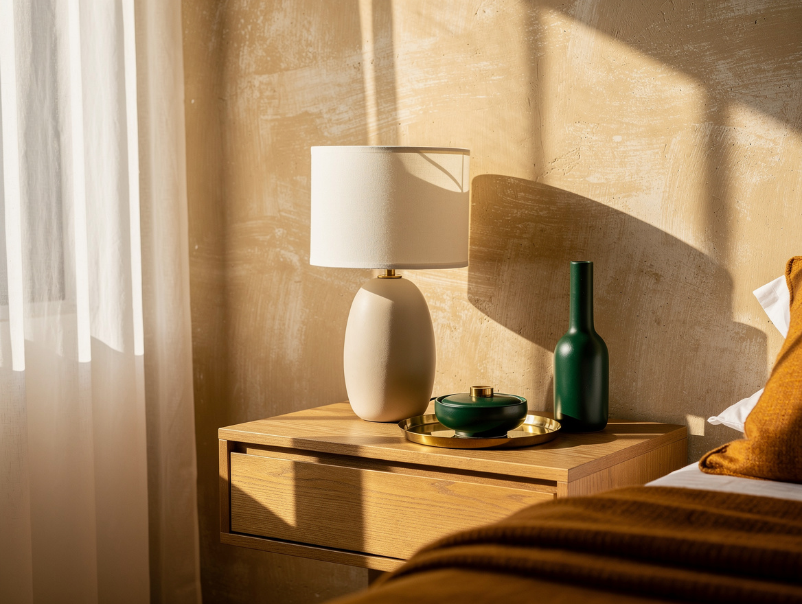 cozy bedroom corner with limewash beige textured wall, oak nightstand, one ceram