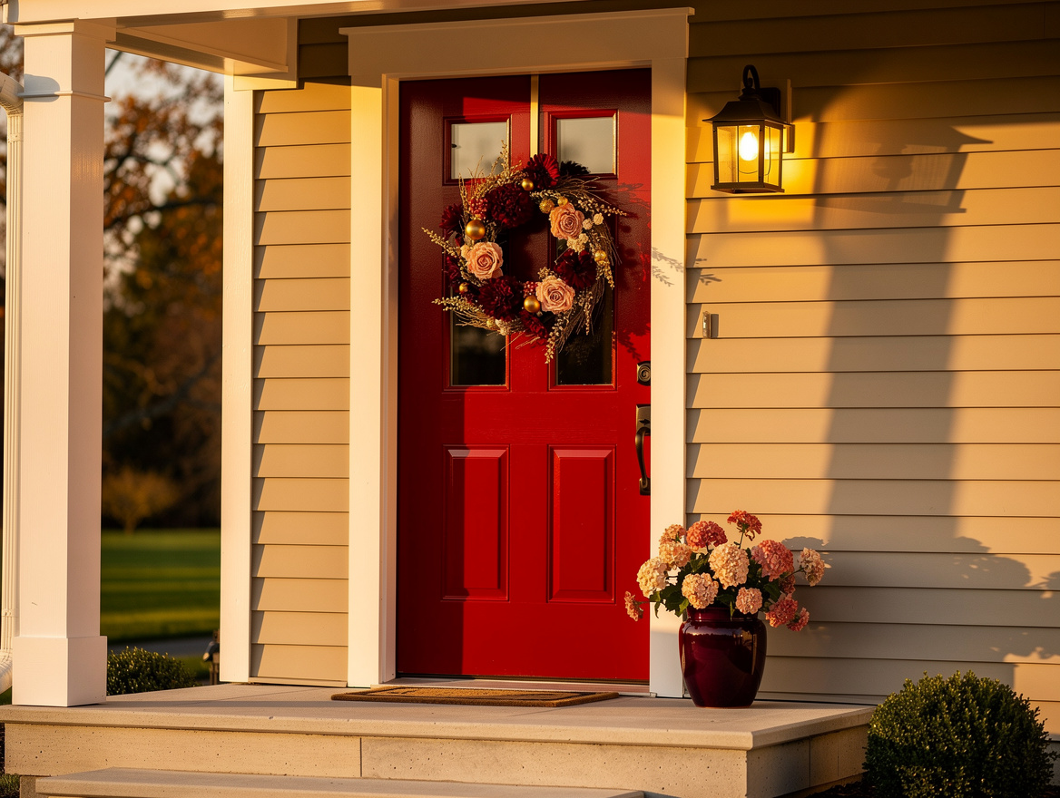 Warm lifestyle photo of a home exterior with a heritage red front door, neutral