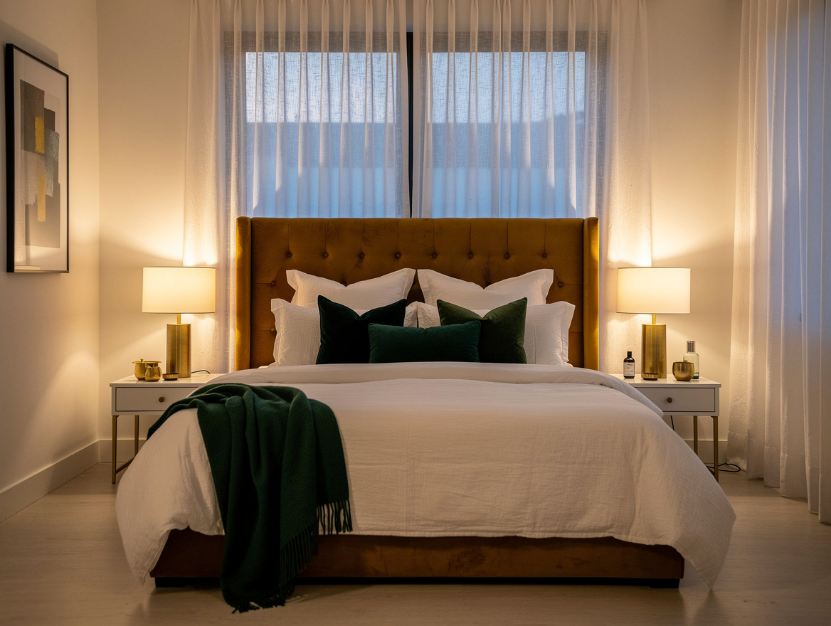 wide ambient shot of a cozy white bedroom at dusk, linen curtains, warm bedside