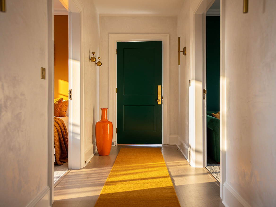 Cozy ambient shot of an open-plan hallway showing color flow between rooms, warm