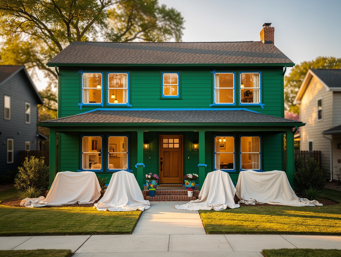 wide ambient shot of a two-story American house exterior half-prepped for painti