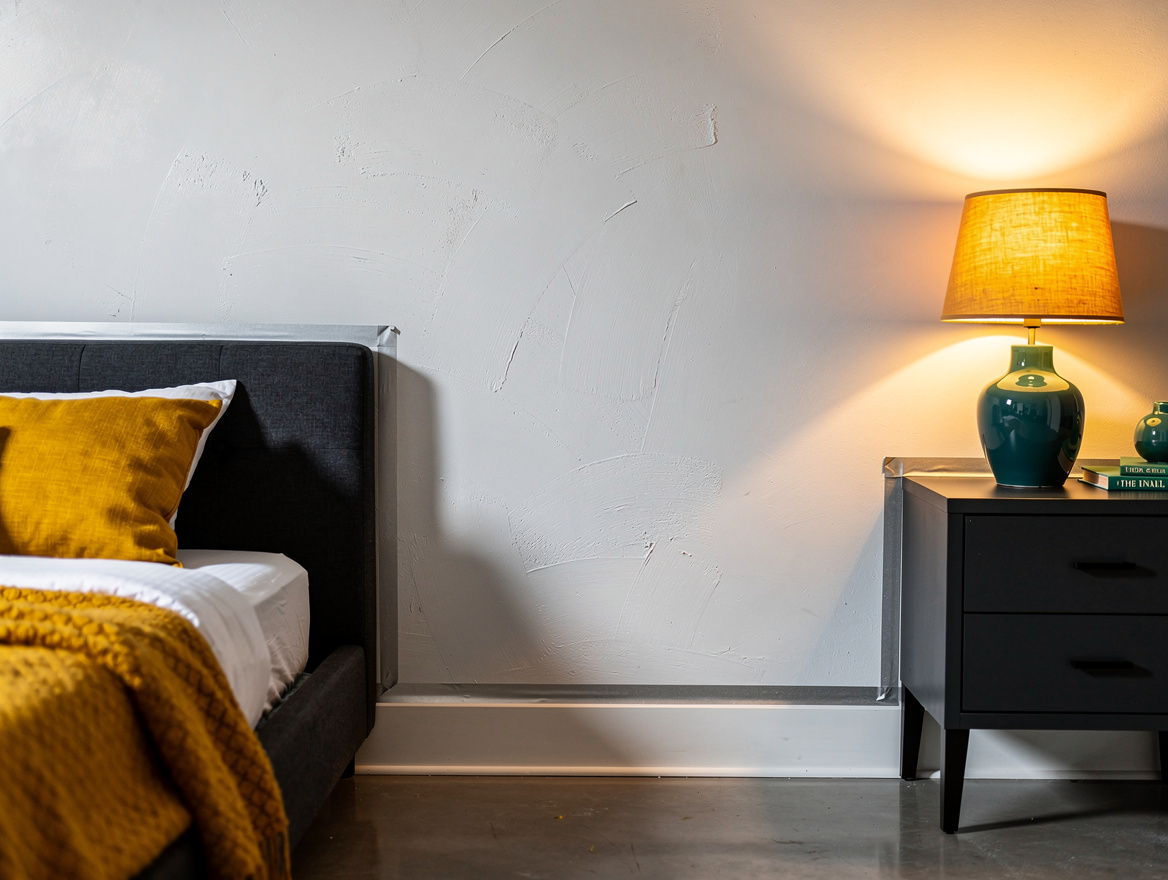 moody ambiance photo of a freshly primed white bedroom wall with painter's tape