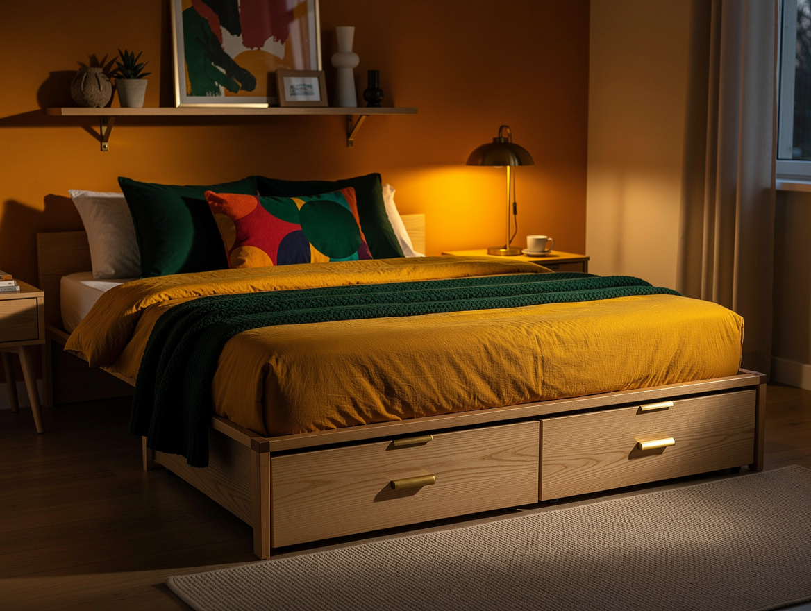 Wide atmospheric photo of a small tidy bedroom with a low platform bed and match