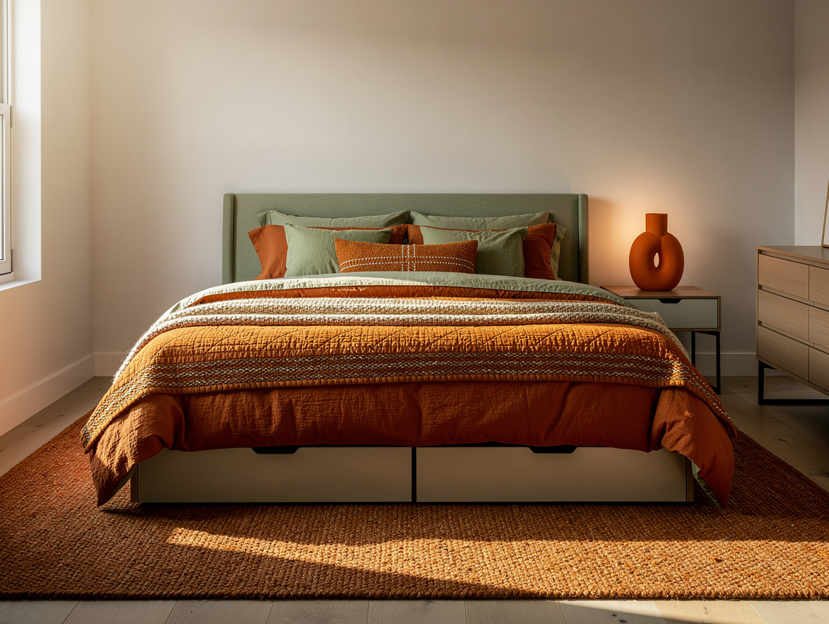 Wide atmospheric photograph of a small American bedroom with a queen bed on the