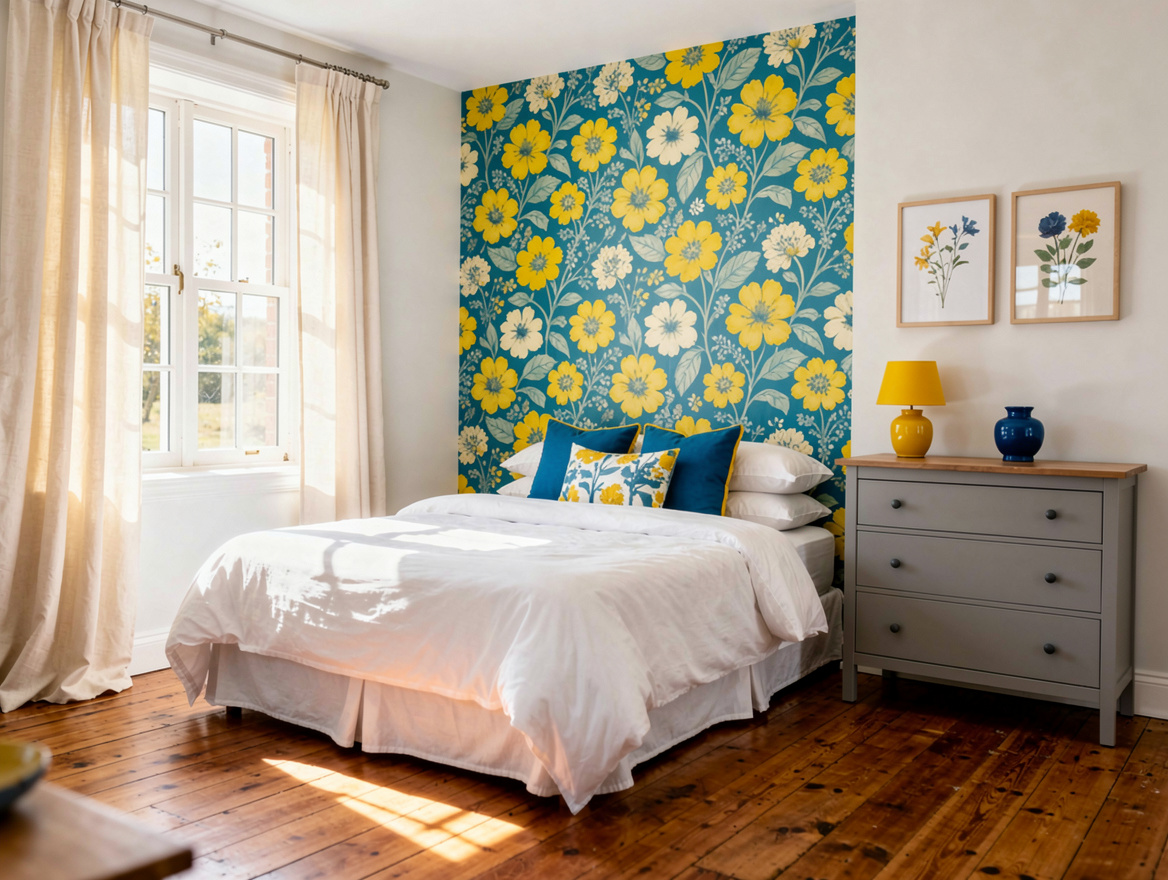 Wide atmospheric photo of a calm cottage bedroom with one floral wallpaper accen