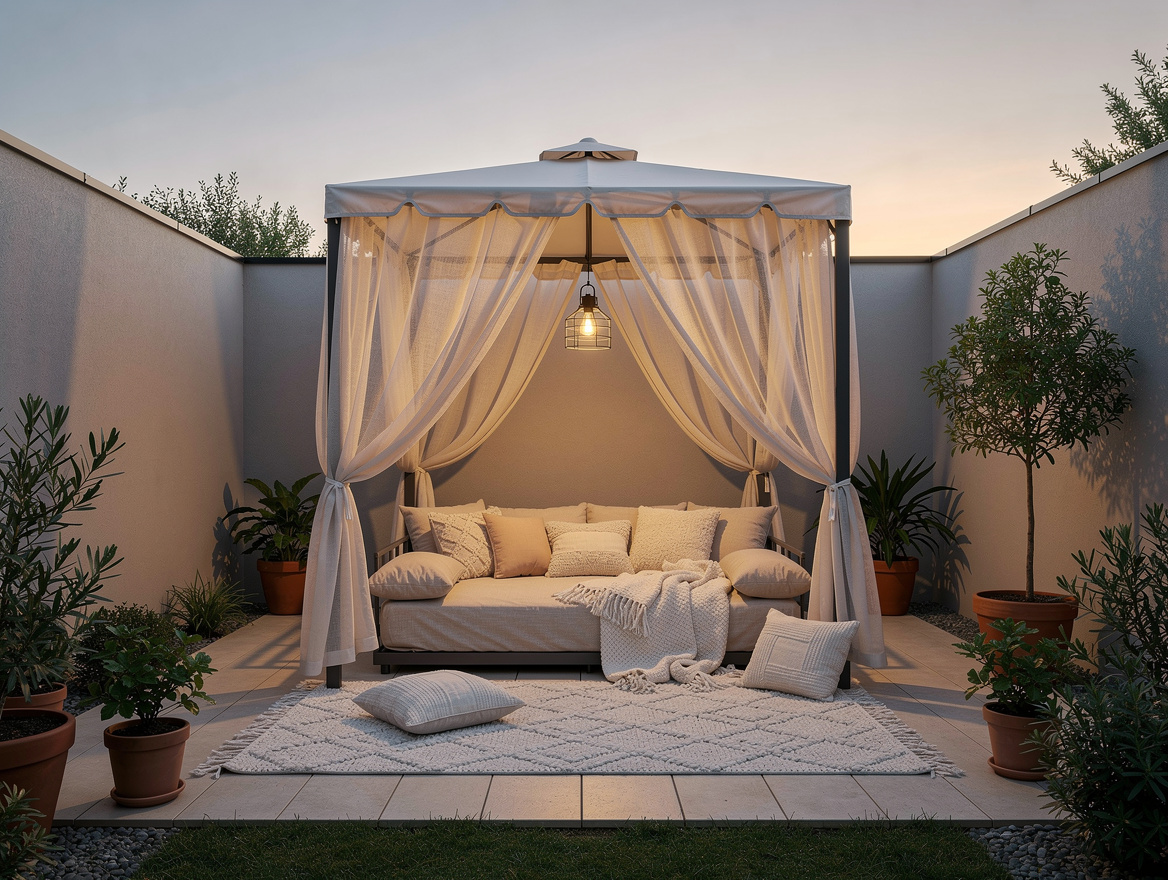 Wide ambiance photo of a tiny yard styled as a boutique resort with a small free