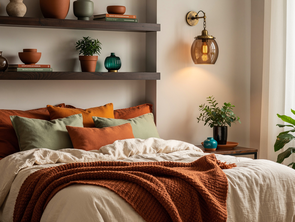 Atmospheric bedroom photo with antique brass smoke-glass sconces, dark wood floa