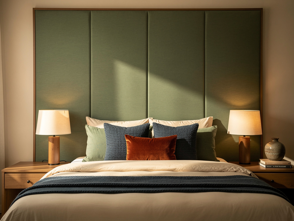 Wide atmospheric bedroom photo with a full-width upholstered headboard wall, mut