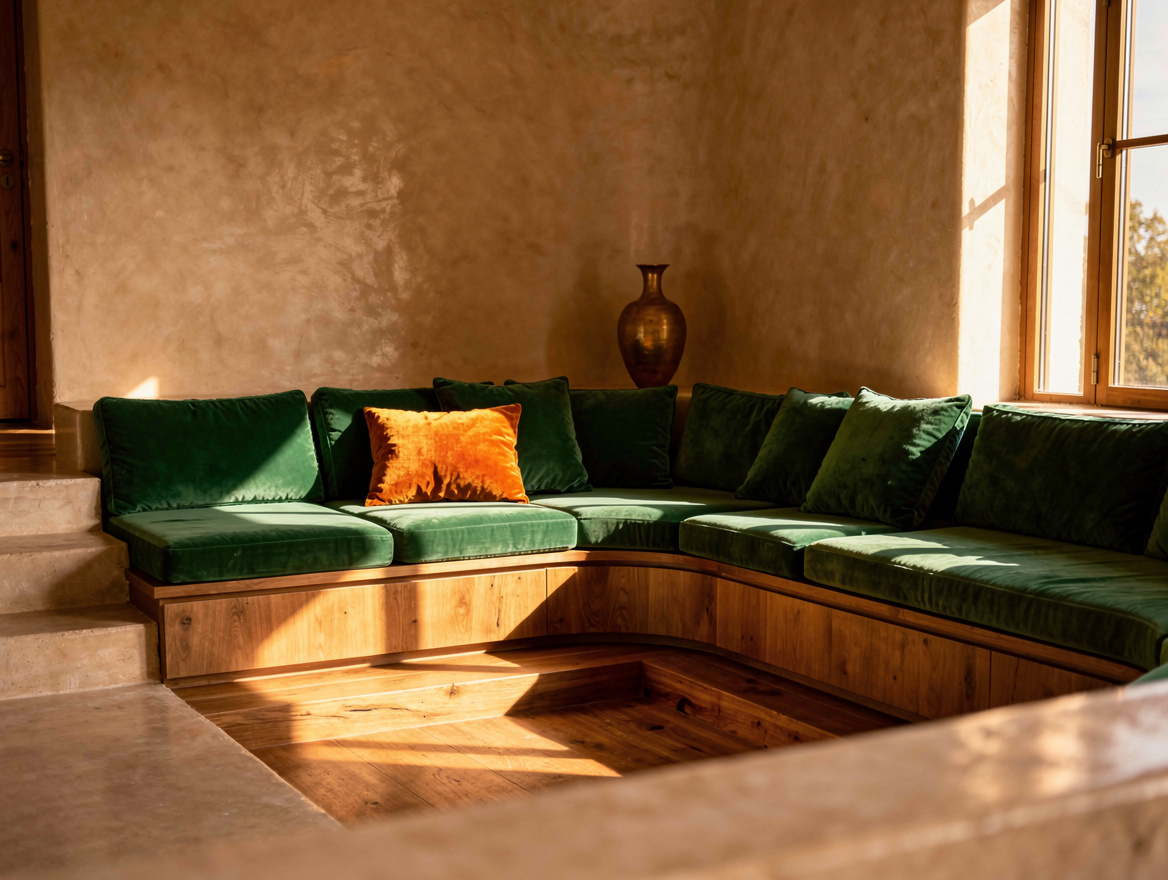 Ambient wide photograph of a sunken living room at late afternoon, built-in benc