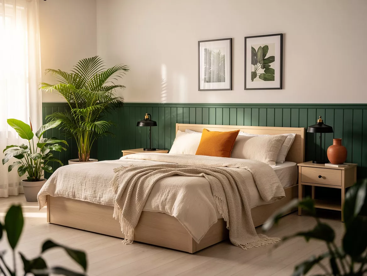 Wide atmospheric bedroom photo with sage wainscoting, pale oak furniture, cream