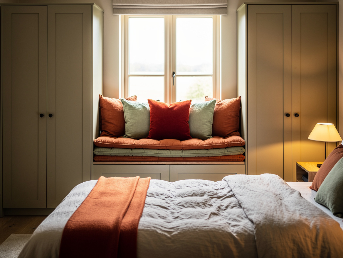 Wide atmospheric photo of a calm bedroom with symmetrical built-in wardrobes aro