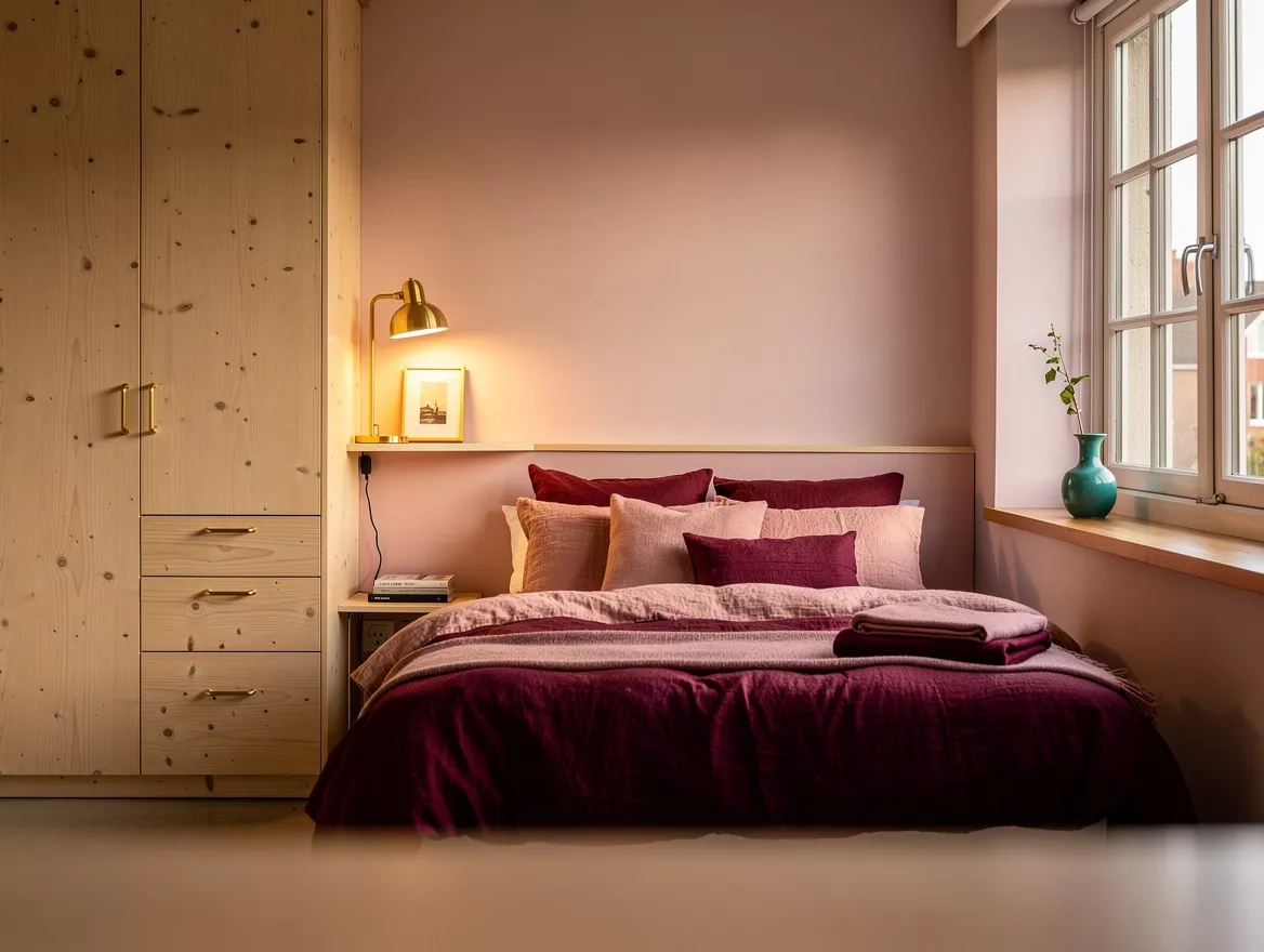 Wide atmospheric photograph of a calm small bedroom with a full-size bed, vertic