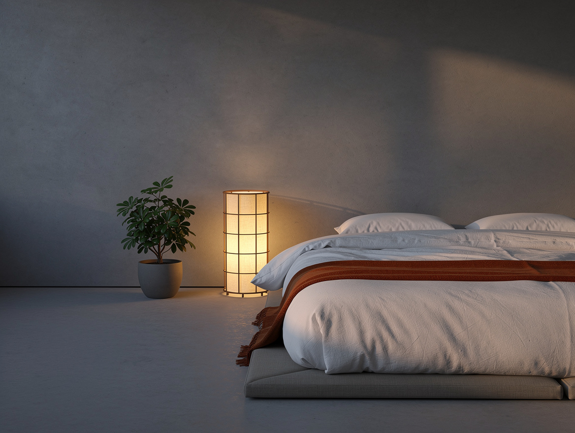 Wide atmospheric photo of an airy Japanese-inspired minimalist bedroom at dusk,