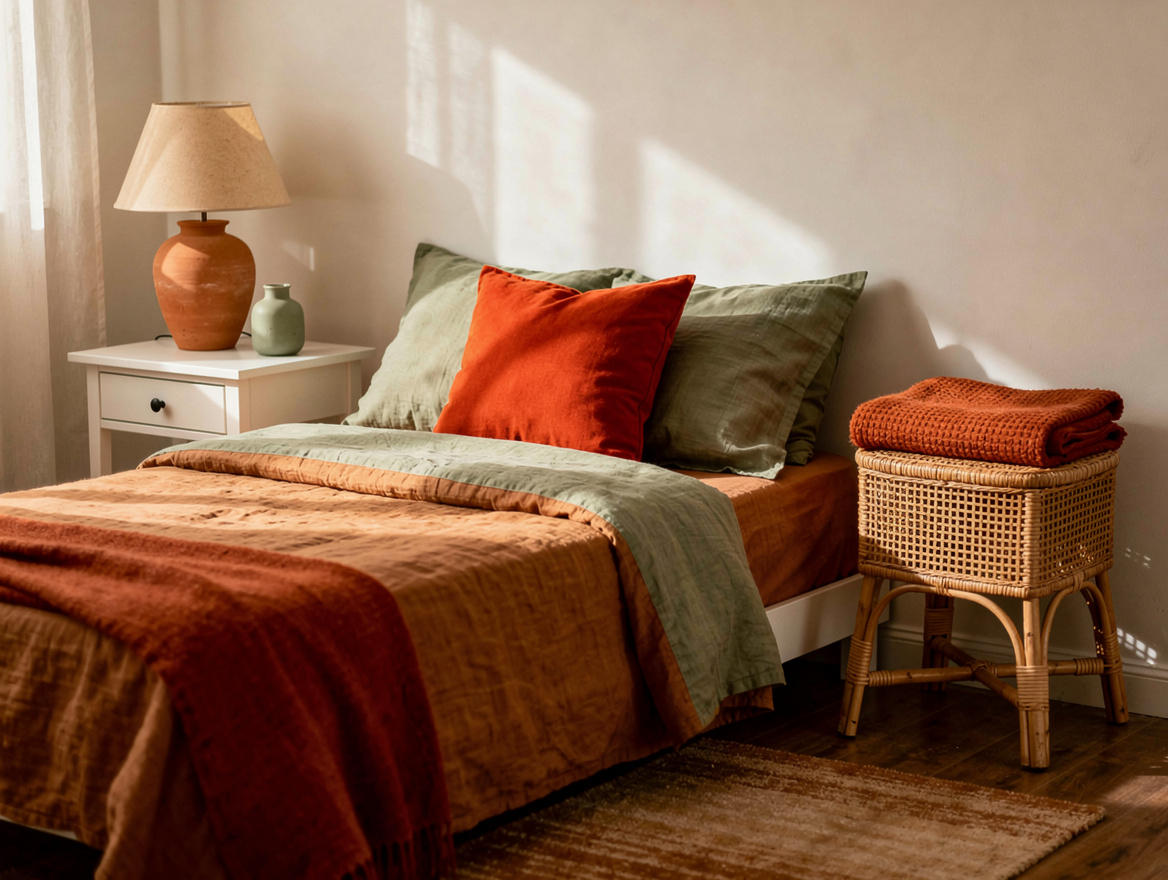 Wide ambient photo of a small cozy shared bedroom with an off-white painted nigh