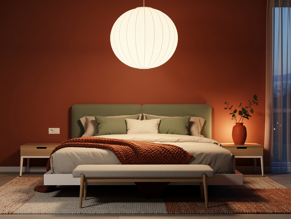 Wide shot of a serene bedroom with an oversized round paper pendant hanging off-