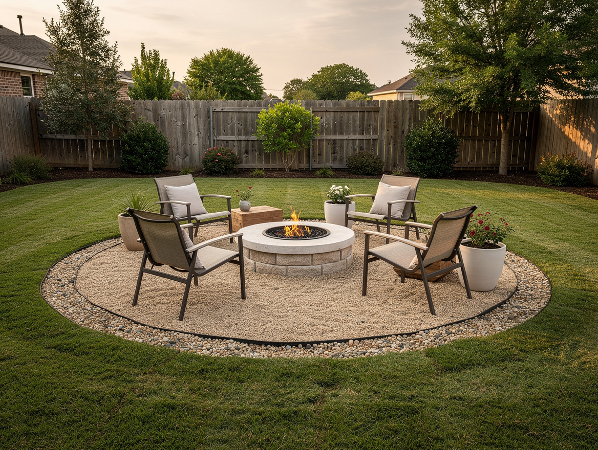 Wide ambiance photo of a modest American backyard showing a defined 10-foot fire