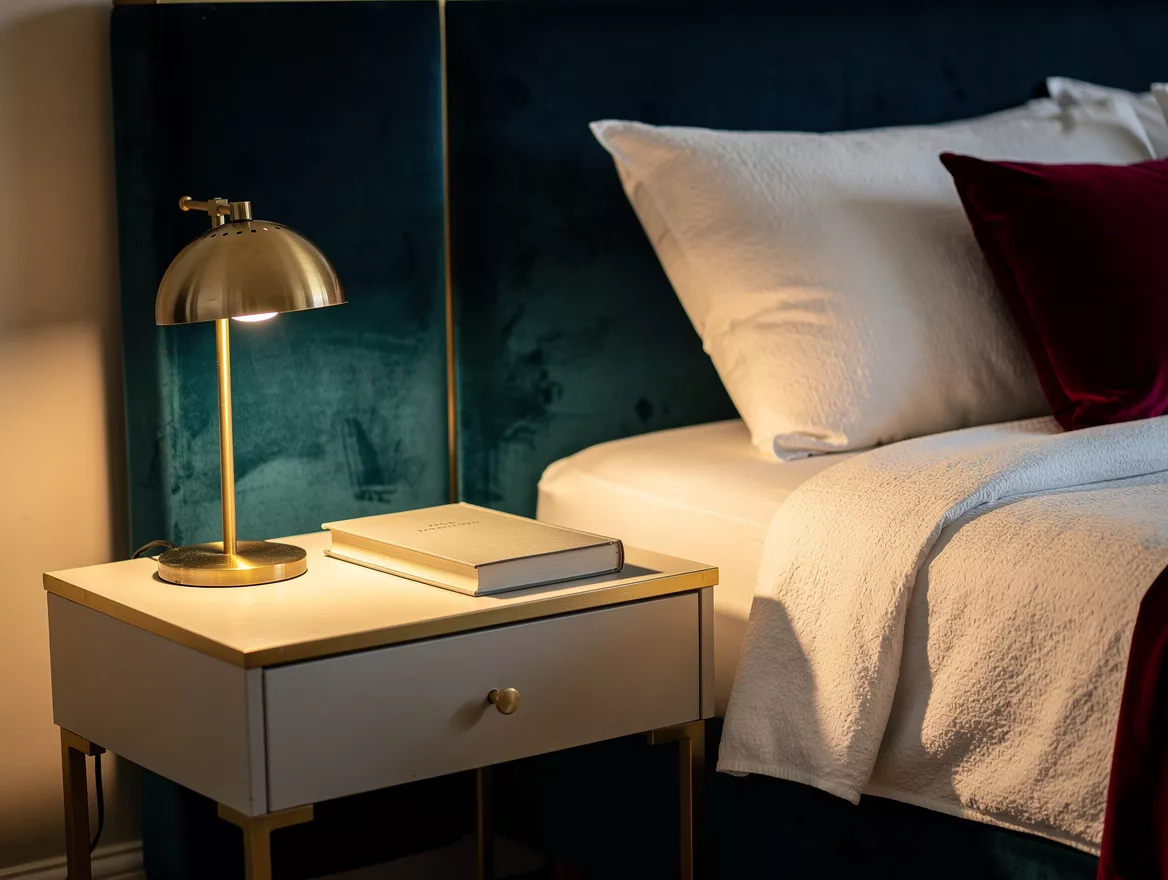 realistic ambient photo, minimal nightstand beside a hotel-style bed with white