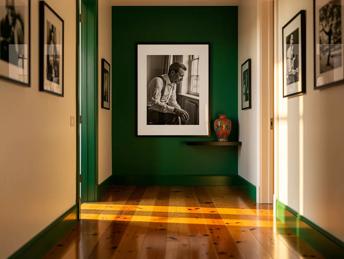 Atmospheric wide shot looking down a narrow bright hallway toward one large 16x2