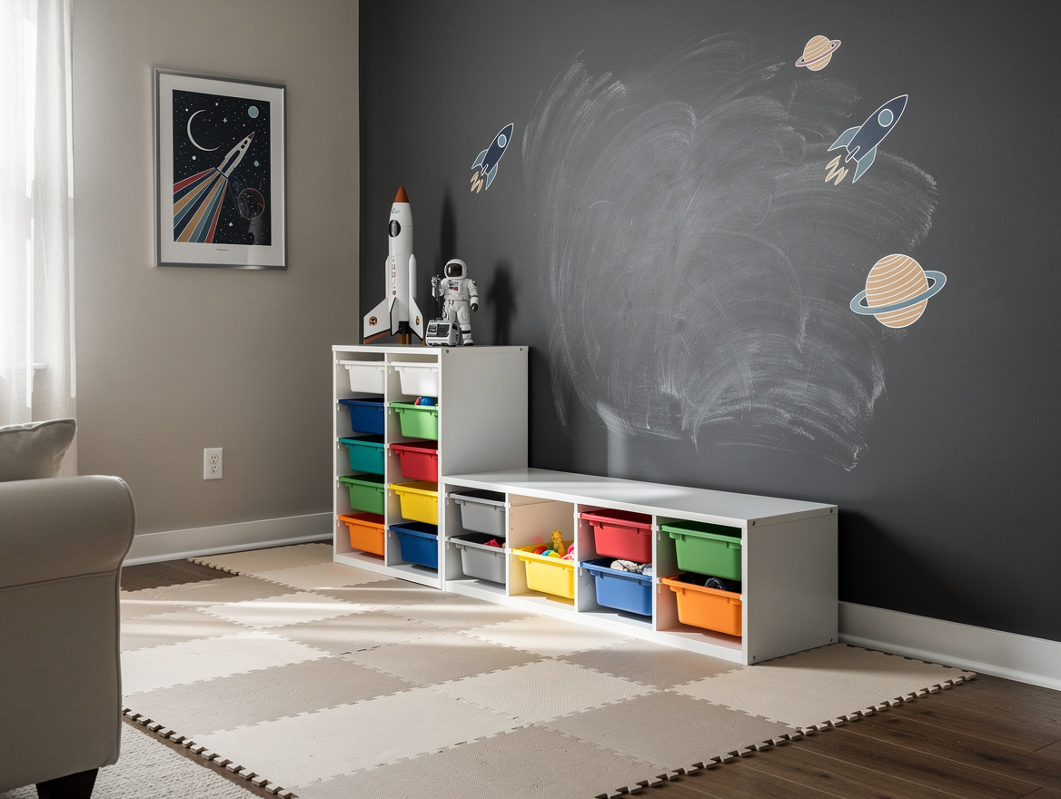 Realistic wide editorial photo of a family room corner transformed into a kids m