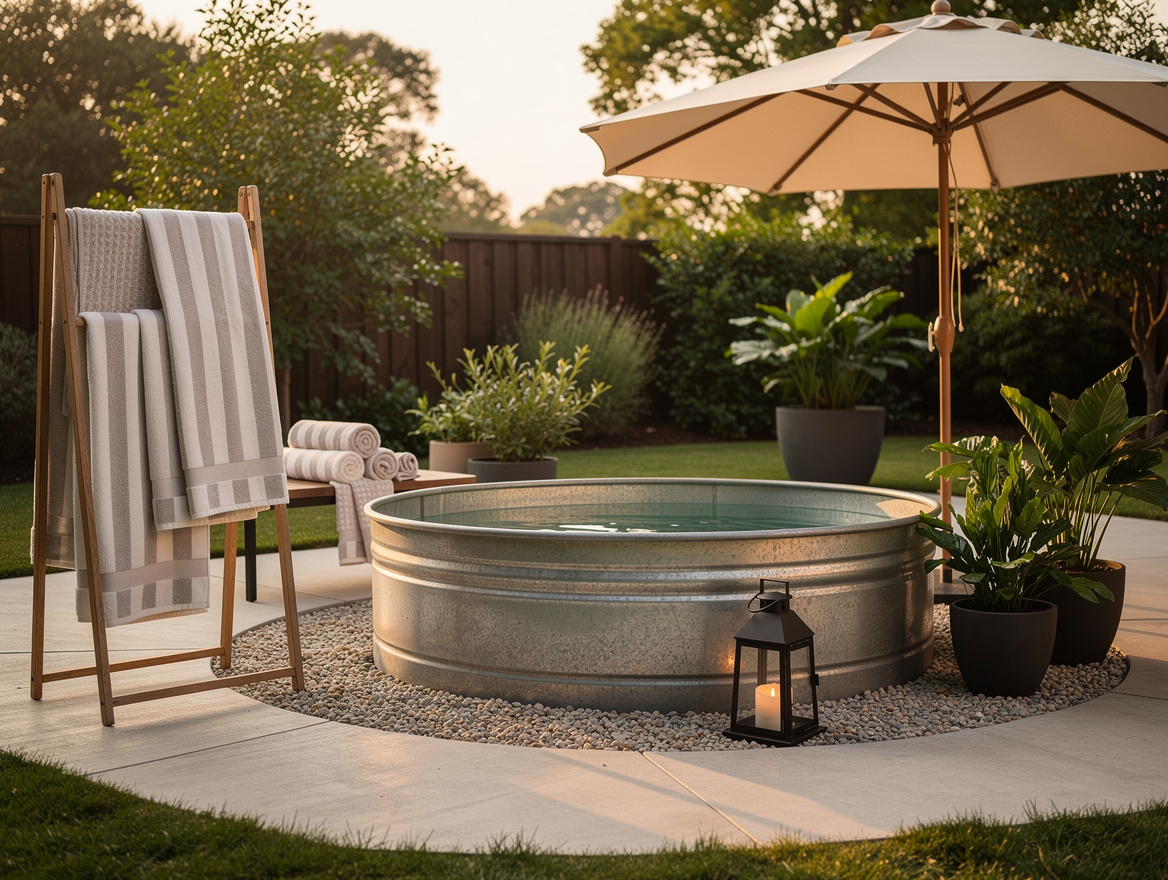 Wide ambiance photo of a styled patio with a stock tank plunge pool, neutral umb