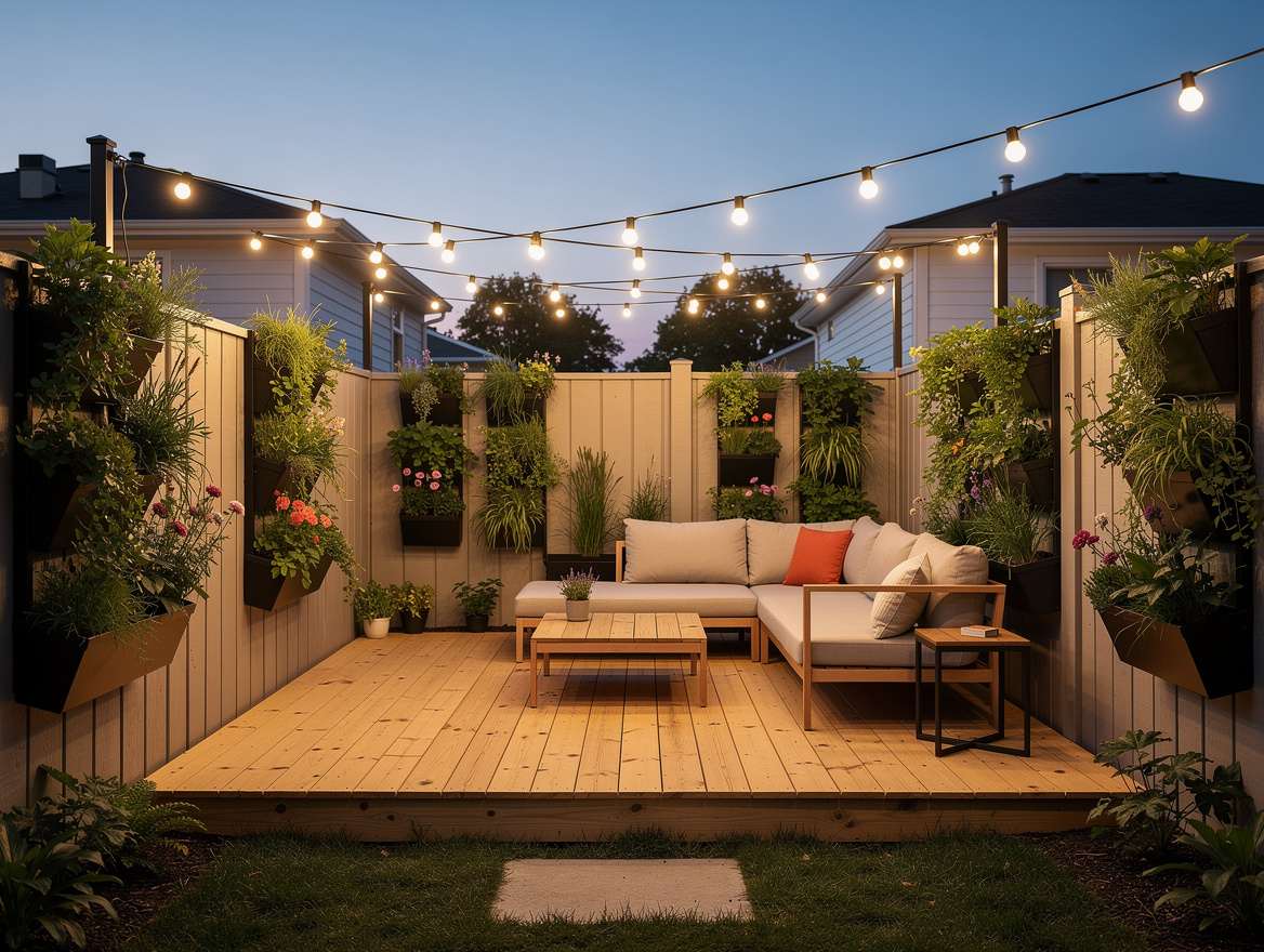 Wide ambient view of a compact US backyard at dusk with overhead string lights,