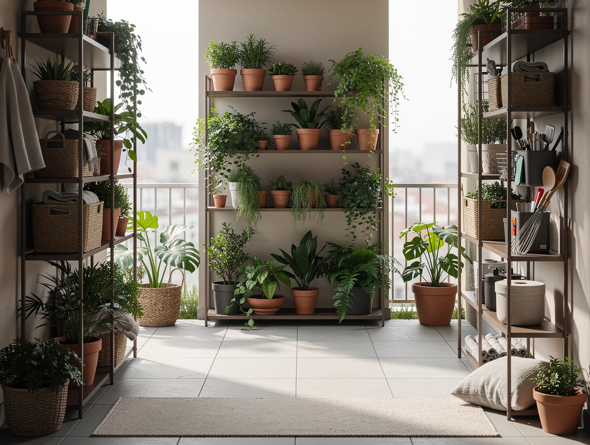 Wide ambiance photo of a small apartment patio transformed with vertical storage