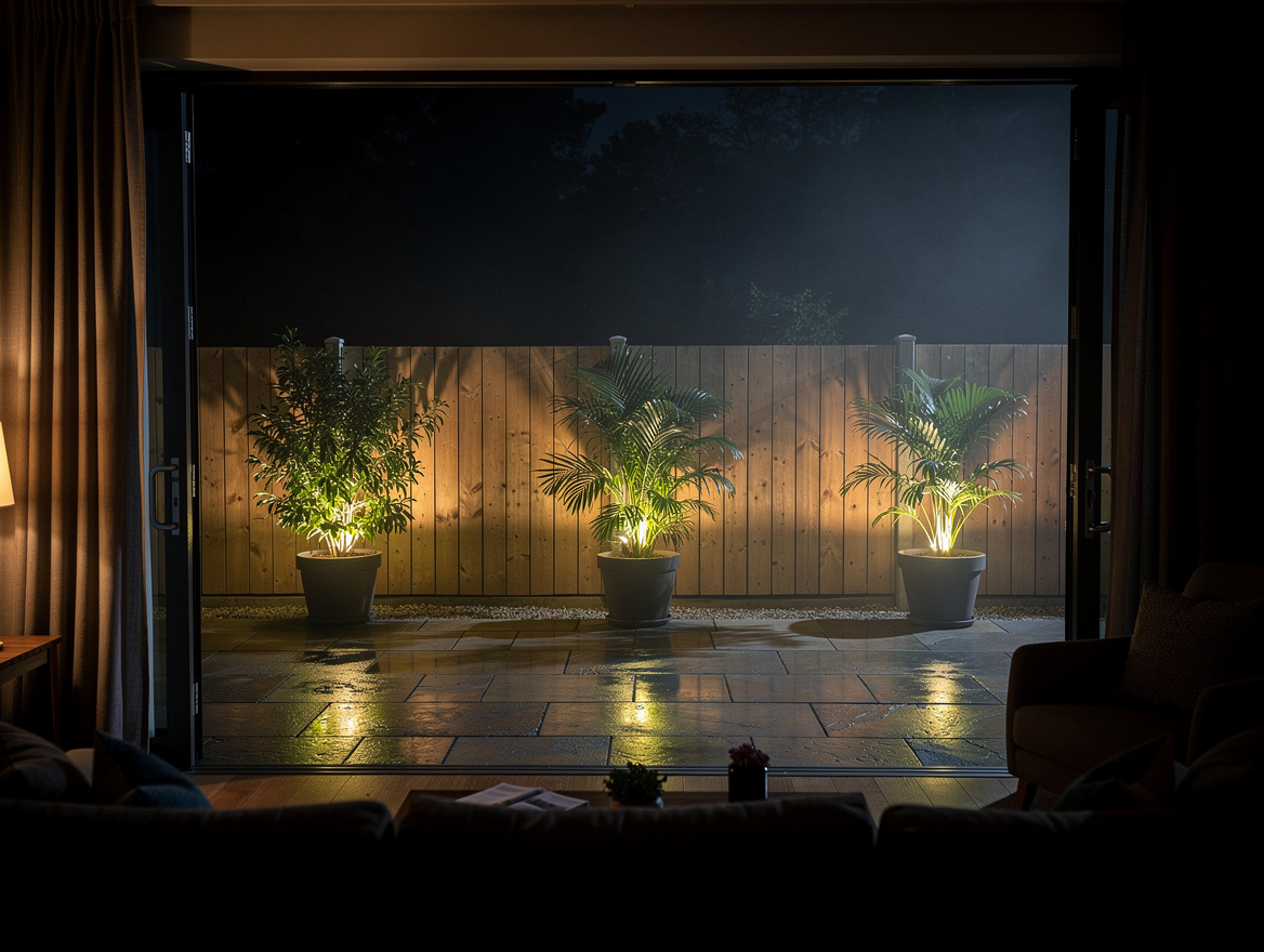 Wide ambient backyard night scene viewed from inside or near a living room doorw