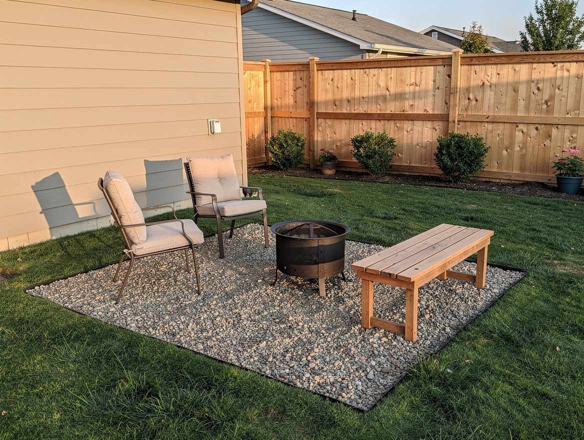 Wide ambient photo of a budget-friendly suburban backyard corner with a simple f