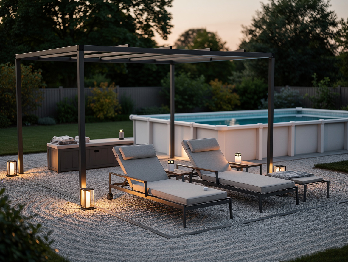 Wide ambient photo of an above-ground pool lounge with a steel pergola, gravel b
