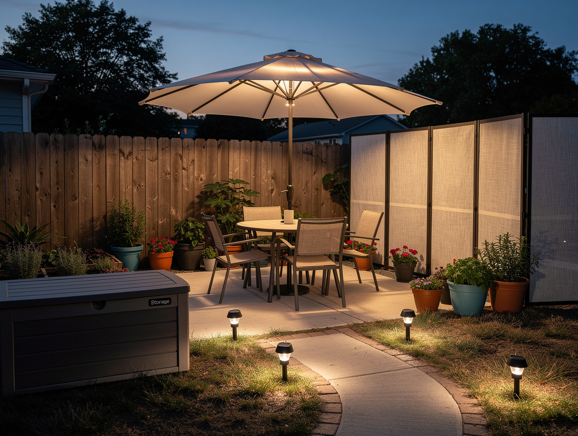 Wide ambiance photo of a small American rental backyard with freestanding patio