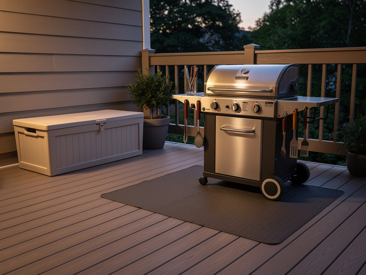 Wide ambiance photo of a clean rental patio with removable BBQ setup, protective