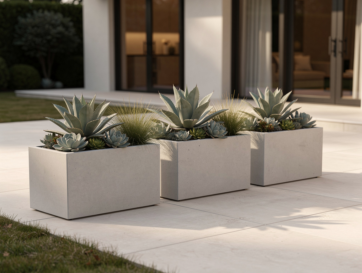 Wide ambient exterior photo of a patio entry with three matching concrete-look r