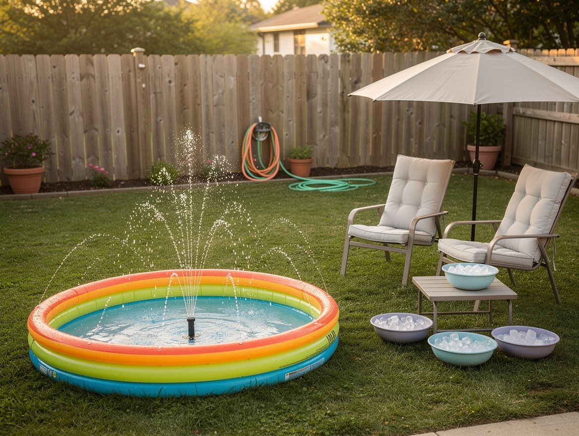 Wide ambiance photo of a budget-friendly backyard summer cooling station with sp