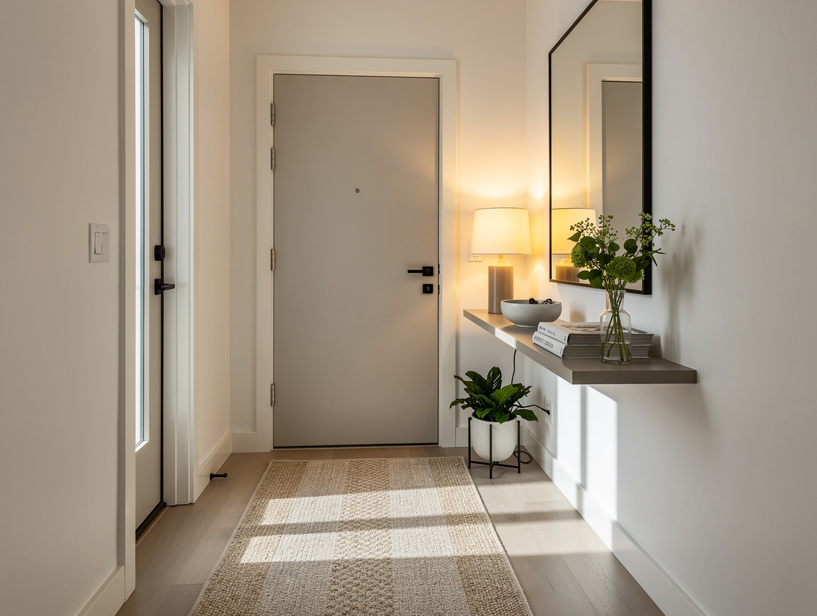 Wide ambient editorial photo of a bland entryway transformed into a resort-like