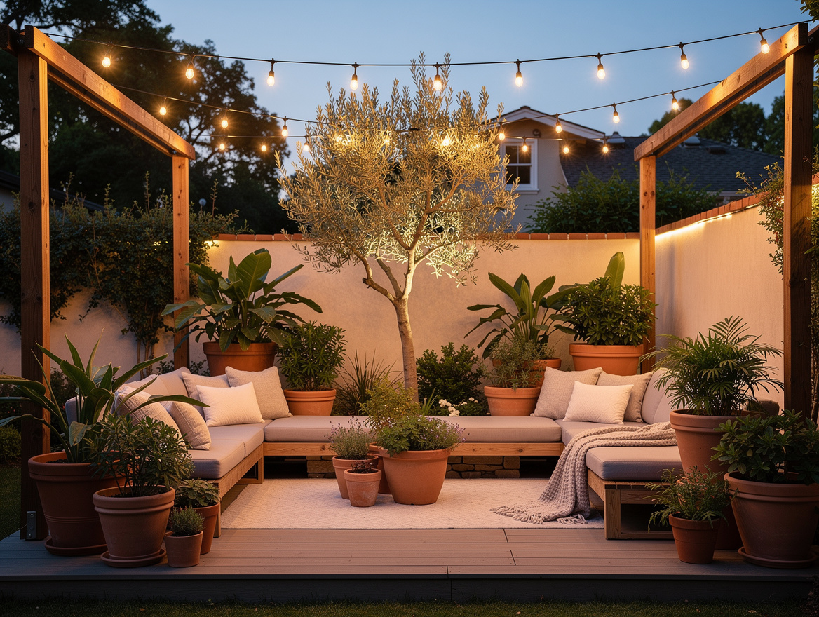 Wide ambiance photo of a small yard at dusk with warm string lights, terracotta