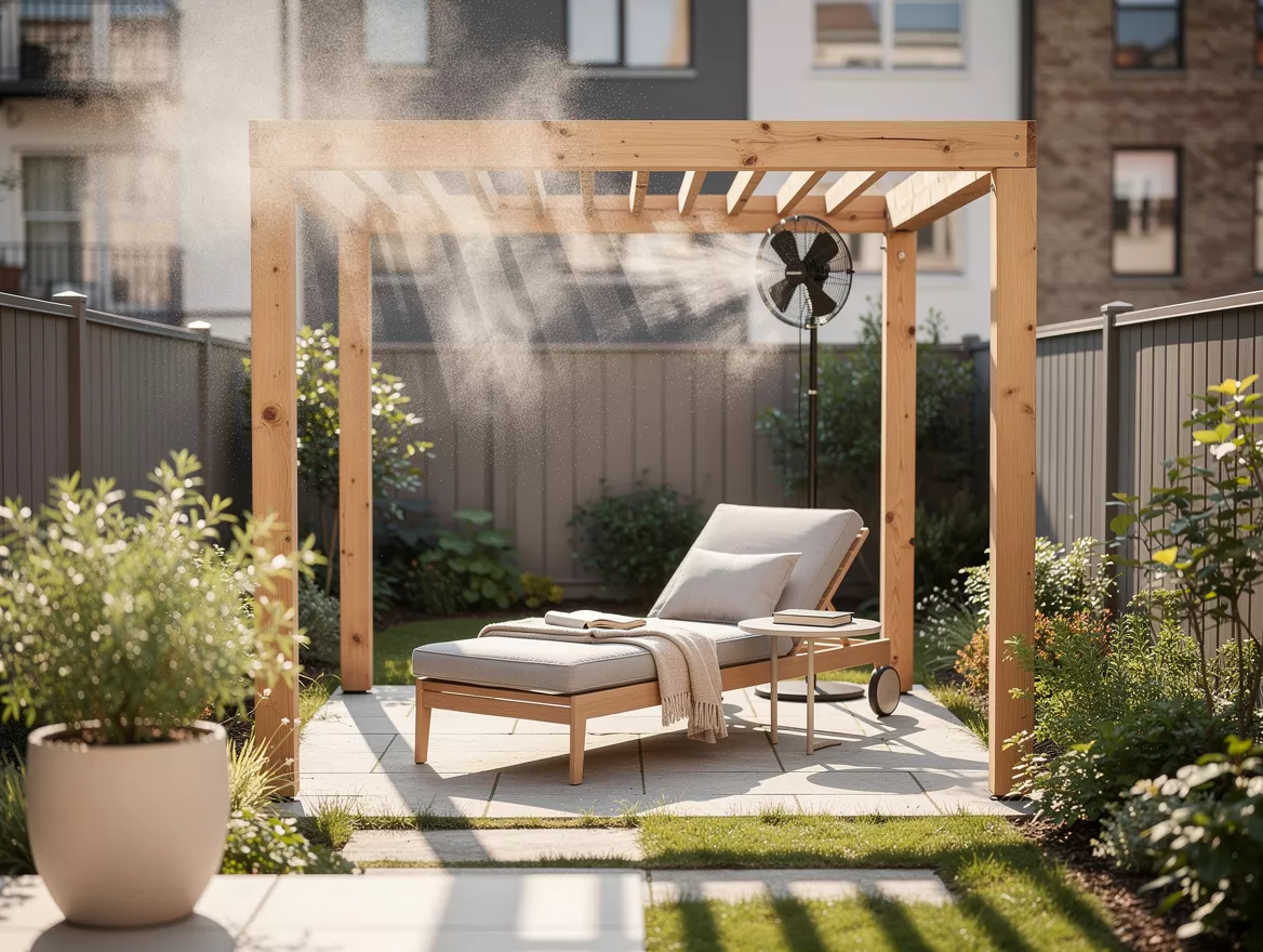 Wide ambient photo of a tiny urban yard cooled for summer reading, open-sided pe