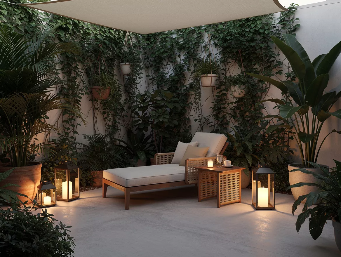 Wide ambiance shot of a small patio turned into a resort-style retreat, enclosed