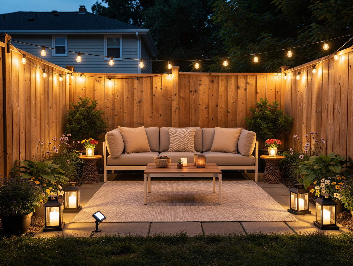 Wide ambient photo of a tiny backyard at dusk with warm string lights, solar lan