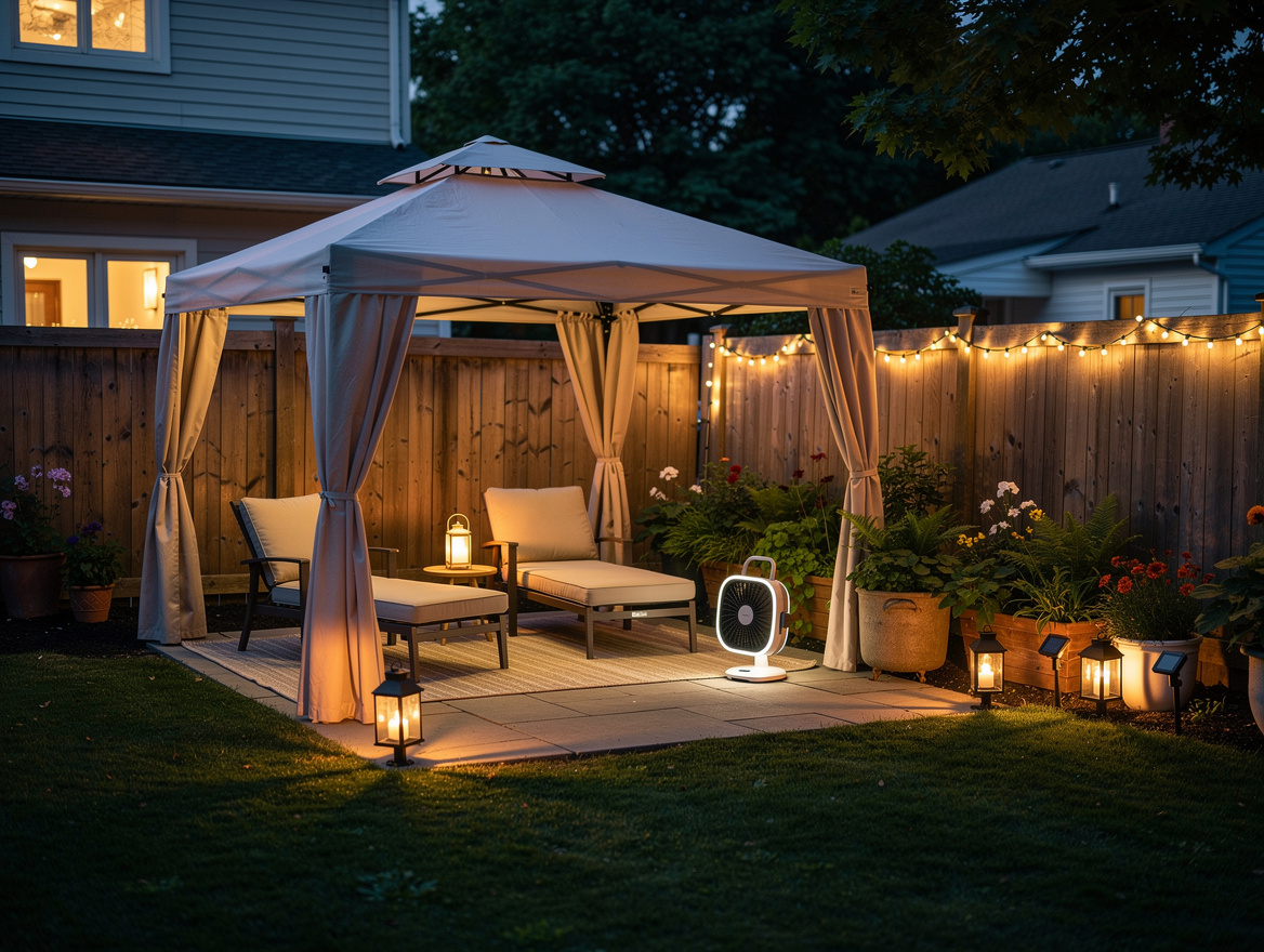 Wide ambiance photo of a small summer-ready backyard retreat at dusk, pop-up can