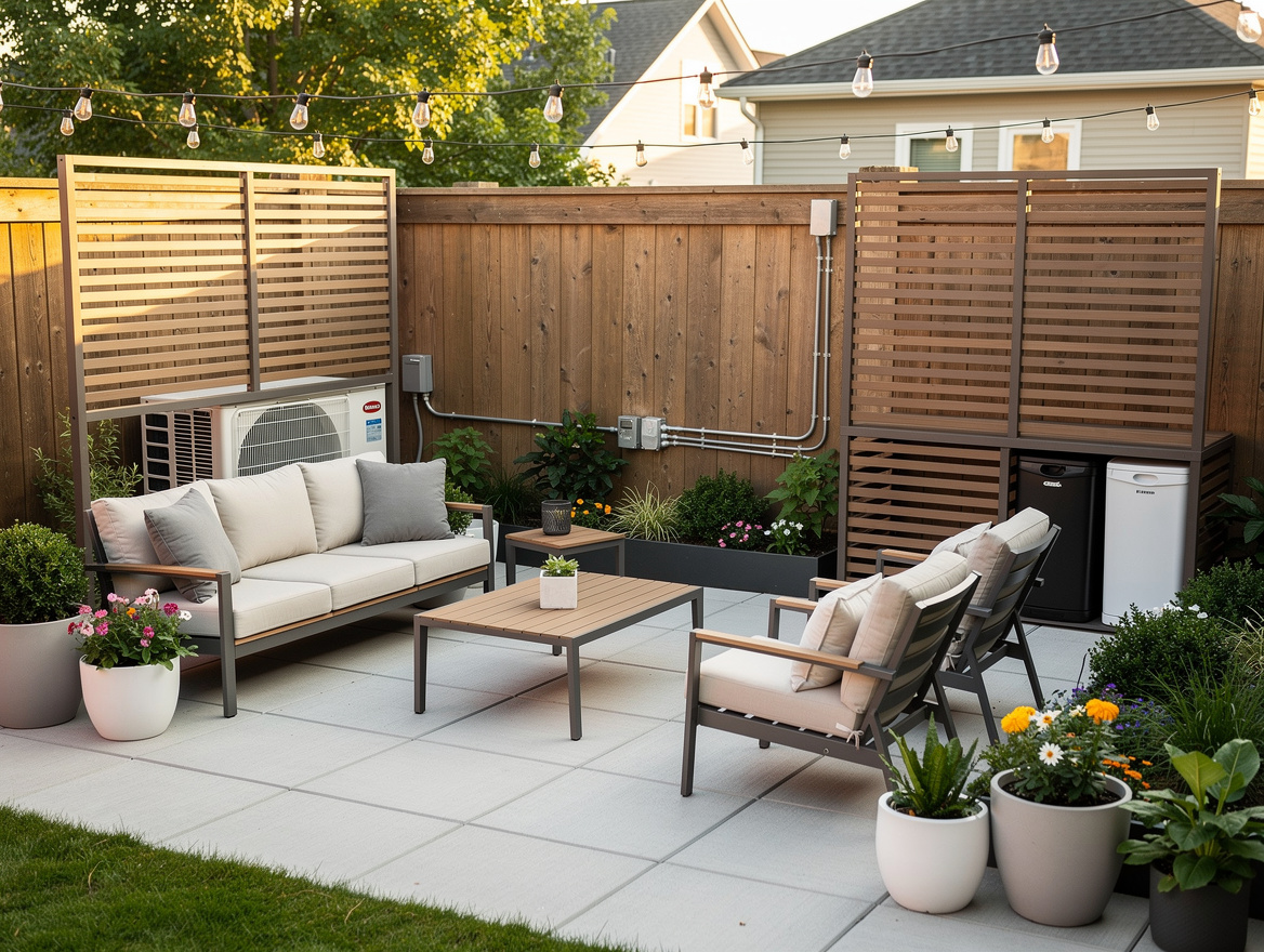 Wide ambiance photo of a tidy summer entertaining space in a rental backyard, sc