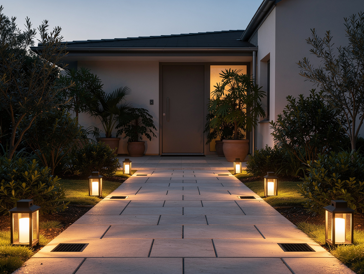 Wide ambiance photo of a renter-friendly entry path with mixed solar paver light