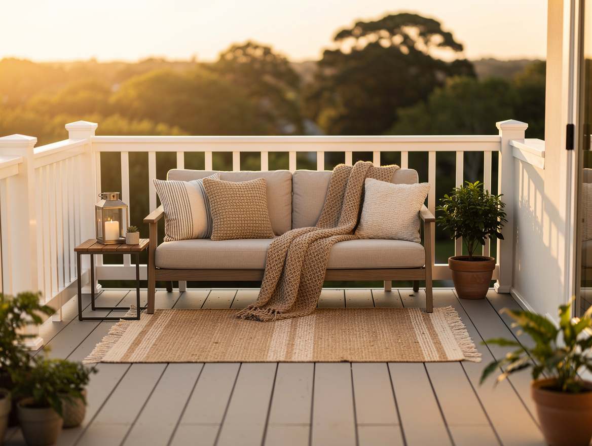 Wide ambiance photo of a tiny deck staycation corner at golden hour with warm wh
