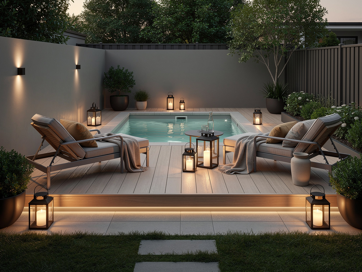 Wide ambiance photo of a compact backyard pool deck styled like a boutique hotel