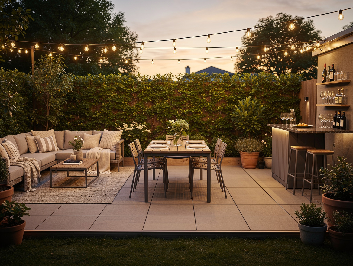Wide ambiance photo of a finished summer patio with lounge zone, dining zone, an