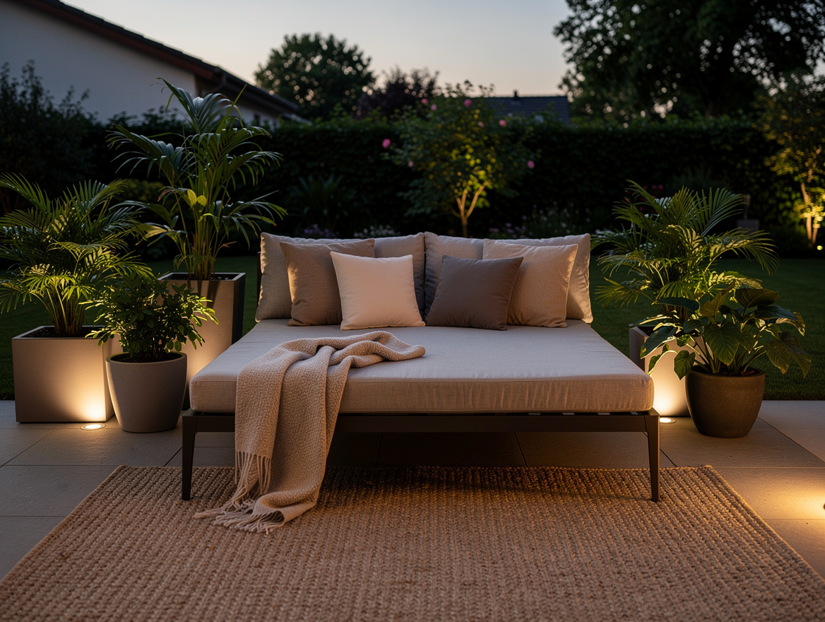 Wide ambiance photo of a backyard lounge corner with an outdoor daybed, low ligh