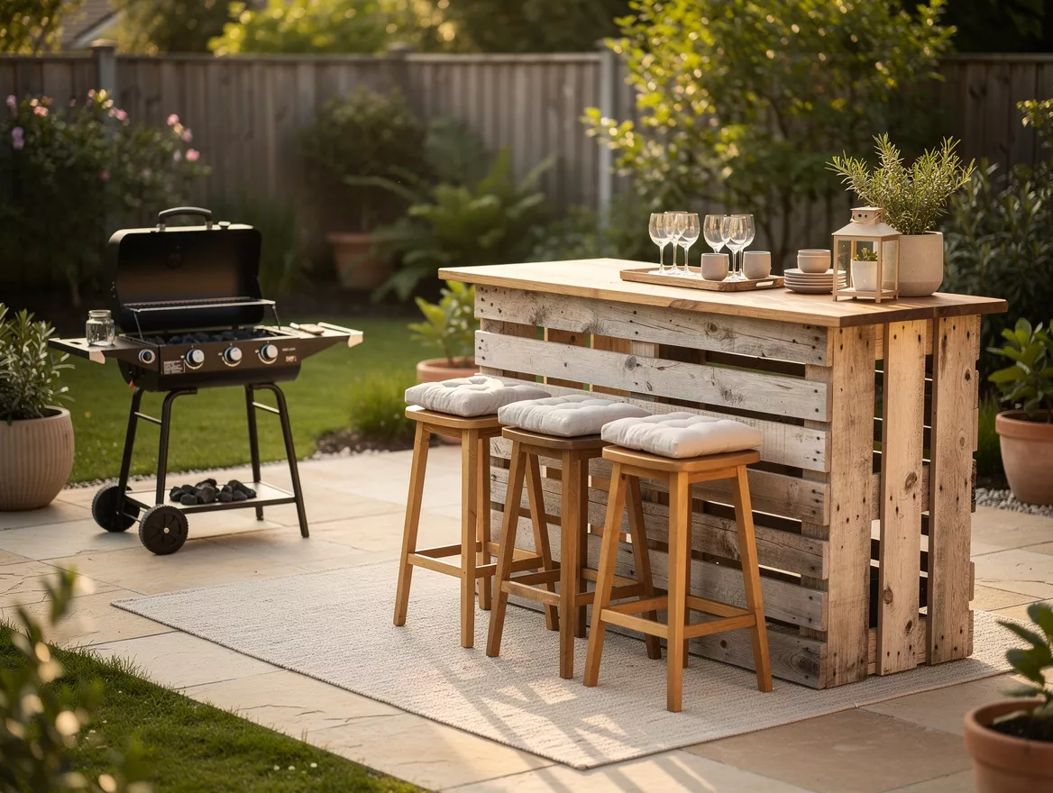 Wide ambiance photo of an upcycled pallet bar and grill setup on a cozy backyard